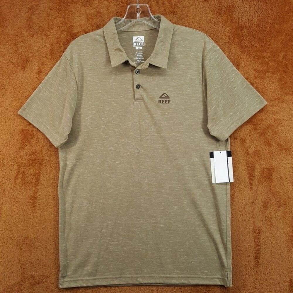 REEF Polo Shirt Mens Medium Tan Heathered PISTON TECH Stretch Knit Logo